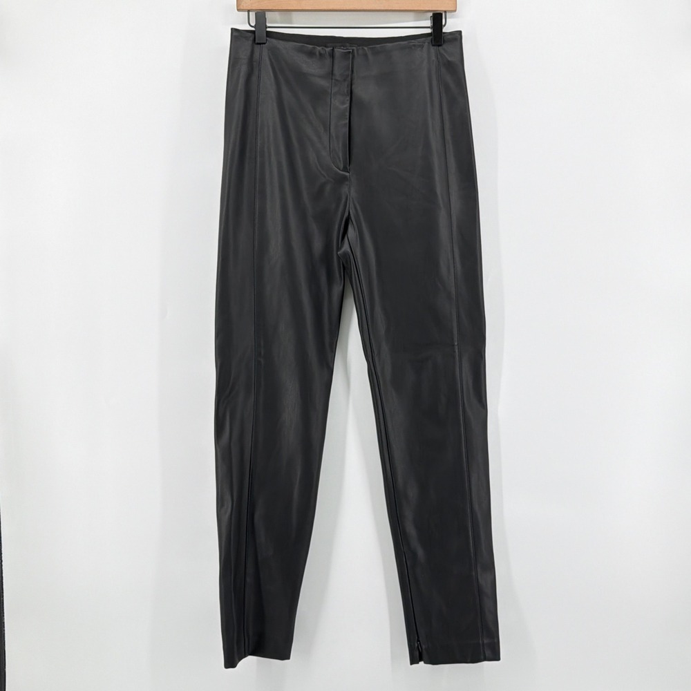 Ann Taylor Faux Leather Ankle Zip Pants 6 Black Seamed Vegan Fleece Back Skinny